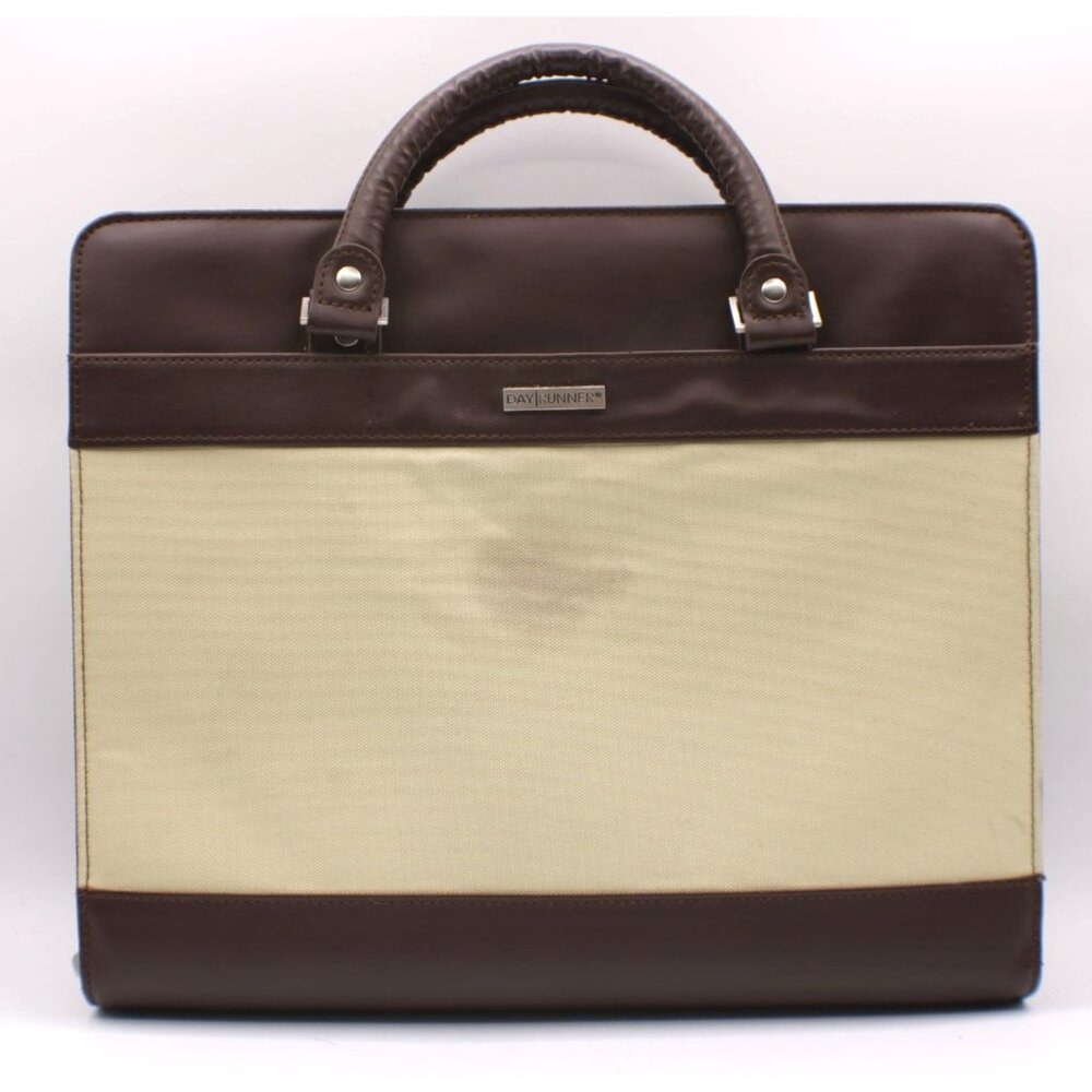 Day Runner Briefcase Planner Organizer Leather Canvas Zipper Handle Brown Green